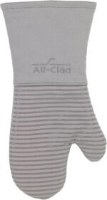 Single All-Clad Premium Silicone Oven Mitt in titanium gray, showing textured silicone grip and flexible design.