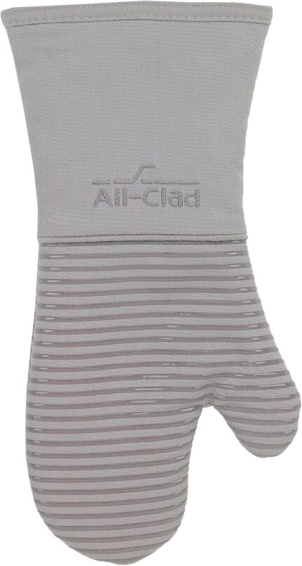 Single All-Clad Premium Silicone Oven Mitt in titanium gray, showing textured silicone grip and flexible design.