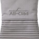 Single All-Clad Premium Silicone Oven Mitt in titanium gray, showing textured silicone grip and flexible design.