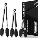 A set of three black Anaeat silicone cooking tongs in 7, 9, and 12-inch sizes, with stainless steel handles and locking rings