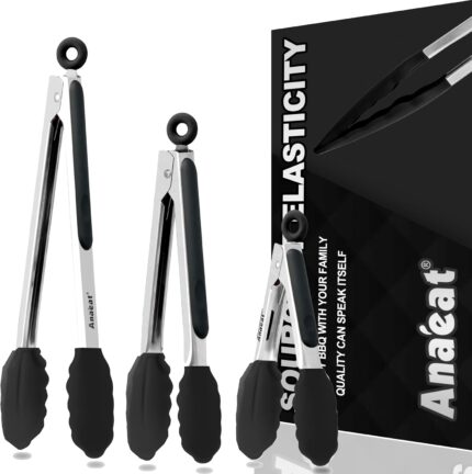 A set of three black Anaeat silicone cooking tongs in 7, 9, and 12-inch sizes, with stainless steel handles and locking rings
