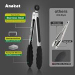 A set of three black Anaeat silicone cooking tongs in 7, 9, and 12-inch sizes, with stainless steel handles and locking rings
