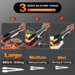 A set of three black Anaeat silicone cooking tongs in 7, 9, and 12-inch sizes, with stainless steel handles and locking rings