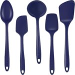 A complete 5-piece AUWUB navy blue silicone kitchen utensil set, including spatulas and spoons, displayed neatly.