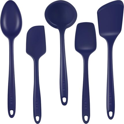 A complete 5-piece AUWUB navy blue silicone kitchen utensil set, including spatulas and spoons, displayed neatly.