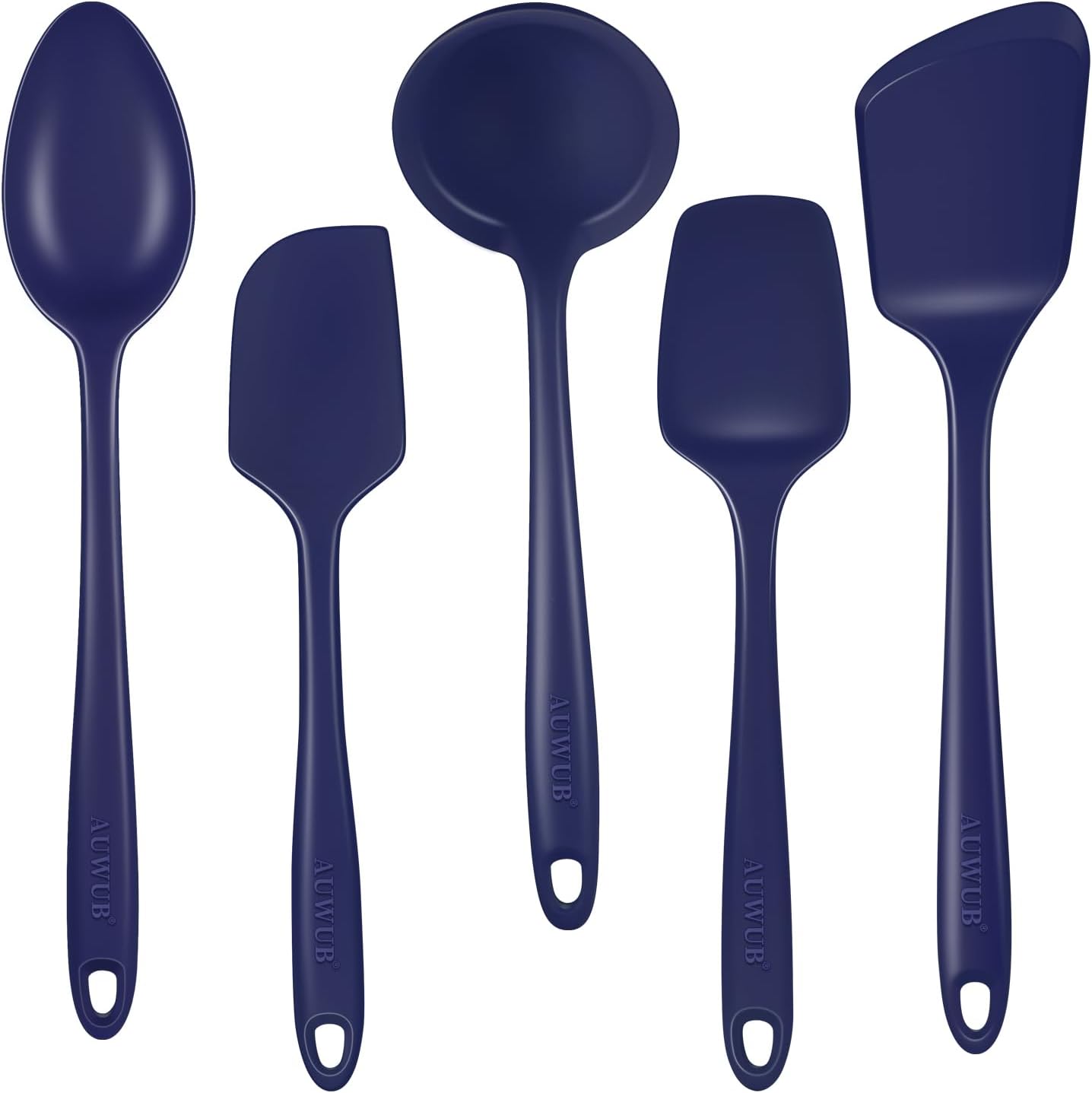 auwub-5-piece-navy-blue-silicone-utensil-set-for-nonstick-cookware-01 A complete 5-piece AUWUB navy blue silicone kitchen utensil set, including spatulas and spoons, displayed neatly.