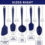 A complete 5-piece AUWUB navy blue silicone kitchen utensil set, including spatulas and spoons, displayed neatly.