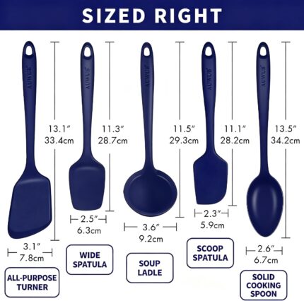 A complete 5-piece AUWUB navy blue silicone kitchen utensil set, including spatulas and spoons, displayed neatly.