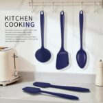 A complete 5-piece AUWUB navy blue silicone kitchen utensil set, including spatulas and spoons, displayed neatly.