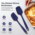 A complete 5-piece AUWUB navy blue silicone kitchen utensil set, including spatulas and spoons, displayed neatly.