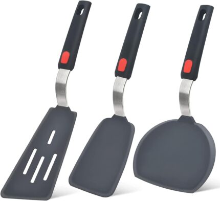 A set of three black and grey Beijiyi silicone spatulas with stainless steel cores and comfortable handles.