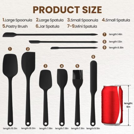 A complete 9-piece set of black silicone spatulas, including various shapes for cooking and baking tasks.