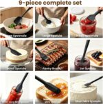 A complete 9-piece set of black silicone spatulas, including various shapes for cooking and baking tasks.