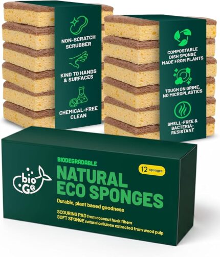 A stack of natural, light brown bioGo cellulose kitchen sponges, showcasing their texture and eco-friendly design.