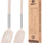 Two BUNDLEPRO silicone solid turner spatulas with khaki heads and stainless steel handles, ideal for non-stick cooking.