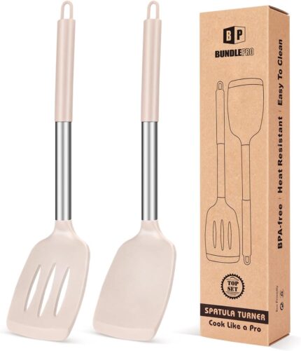 Two BUNDLEPRO silicone solid turner spatulas with khaki heads and stainless steel handles, ideal for non-stick cooking.