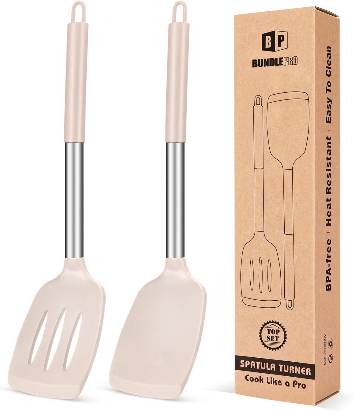 bundlepro-2-pack-silicone-solid-turner-spatulas-non-stick-high-heat-khaki-01 Two BUNDLEPRO silicone solid turner spatulas with khaki heads and stainless steel handles, ideal for non-stick cooking.