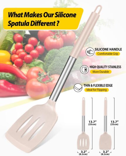 Two BUNDLEPRO silicone solid turner spatulas with khaki heads and stainless steel handles, ideal for non-stick cooking.