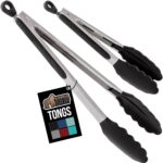 Two cooking tongs, one 7-inch and one 9-inch, with brushed stainless steel handles and black silicone tips, in a kitchen sett