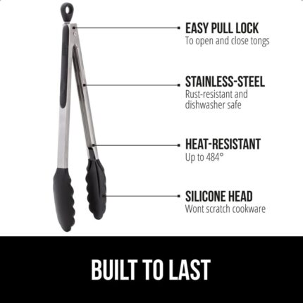 Two cooking tongs, one 7-inch and one 9-inch, with brushed stainless steel handles and black silicone tips, in a kitchen sett