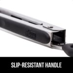 Two cooking tongs, one 7-inch and one 9-inch, with brushed stainless steel handles and black silicone tips, in a kitchen sett