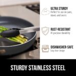 Two cooking tongs, one 7-inch and one 9-inch, with brushed stainless steel handles and black silicone tips, in a kitchen sett