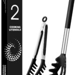 Close-up of a black silicone pasta tong and a polished stainless steel spaghetti spoon with teeth