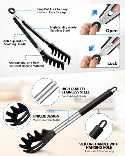 Close-up of a black silicone pasta tong and a polished stainless steel spaghetti spoon with teeth