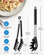 Close-up of a black silicone pasta tong and a polished stainless steel spaghetti spoon with teeth