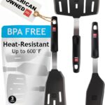 Three di Oro Living silicone spatulas with silver and black handles arranged on a clean kitchen surface, ready for use.