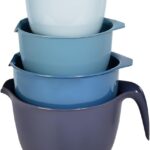 A set of four blue Glad plastic mixing bowls with pour spouts and handles, nested together on a white background.