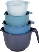 A set of four blue Glad plastic mixing bowls with pour spouts and handles, nested together on a white background.