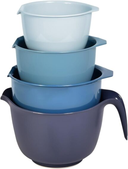 A set of four blue Glad plastic mixing bowls with pour spouts and handles, nested together on a white background.