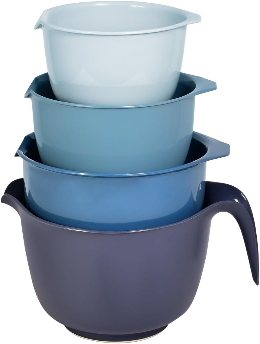 glad-mixing-bowls-with-pour-spout-set-of-4-blue-plastic-nesting-bowls-01 A set of four blue Glad plastic mixing bowls with pour spouts and handles, nested together on a white background.