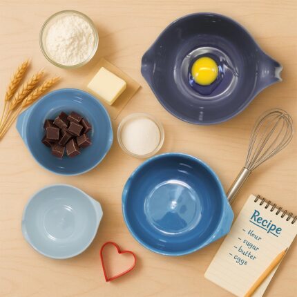 A set of four blue Glad plastic mixing bowls with pour spouts and handles, nested together on a white background.