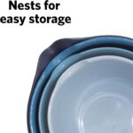 A set of four blue Glad plastic mixing bowls with pour spouts and handles, nested together on a white background.