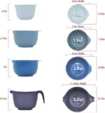 A set of four blue Glad plastic mixing bowls with pour spouts and handles, nested together on a white background.