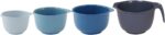 A set of four blue Glad plastic mixing bowls with pour spouts and handles, nested together on a white background.