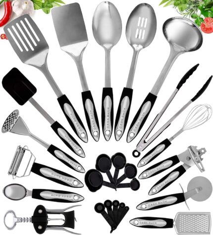 A complete set of 41 Home Hero stainless steel and black silicone kitchen utensils, including measuring cups and spoons.