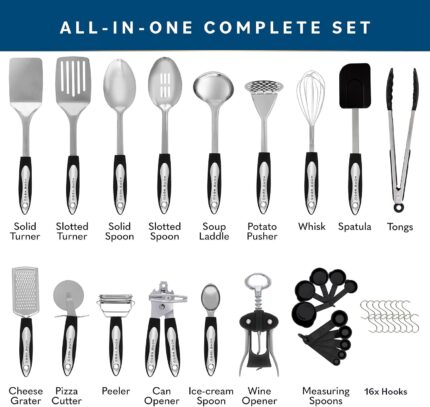 A complete set of 41 Home Hero stainless steel and black silicone kitchen utensils, including measuring cups and spoons.