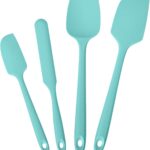 Four Aqua Sky silicone spatulas and spoonulas from Lilybeam, arranged for cooking and baking tasks.