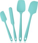 Four Aqua Sky silicone spatulas and spoonulas from Lilybeam, arranged for cooking and baking tasks.