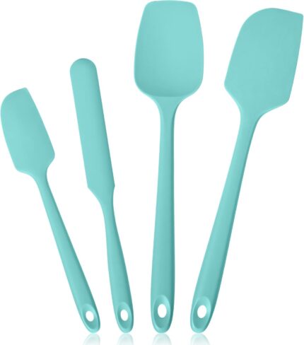 Four Aqua Sky silicone spatulas and spoonulas from Lilybeam, arranged for cooking and baking tasks.