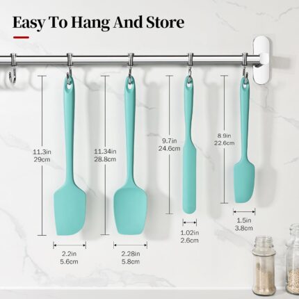 Four Aqua Sky silicone spatulas and spoonulas from Lilybeam, arranged for cooking and baking tasks.