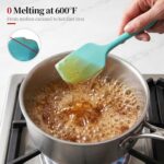 Four Aqua Sky silicone spatulas and spoonulas from Lilybeam, arranged for cooking and baking tasks.