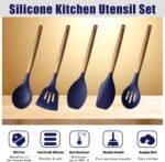 Five midnight blue silicone kitchen utensils with natural acacia wood handles, including a spoon, spoonula, spatula, turner,