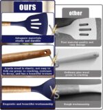 Five midnight blue silicone kitchen utensils with natural acacia wood handles, including a spoon, spoonula, spatula, turner,