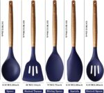 Five midnight blue silicone kitchen utensils with natural acacia wood handles, including a spoon, spoonula, spatula, turner,