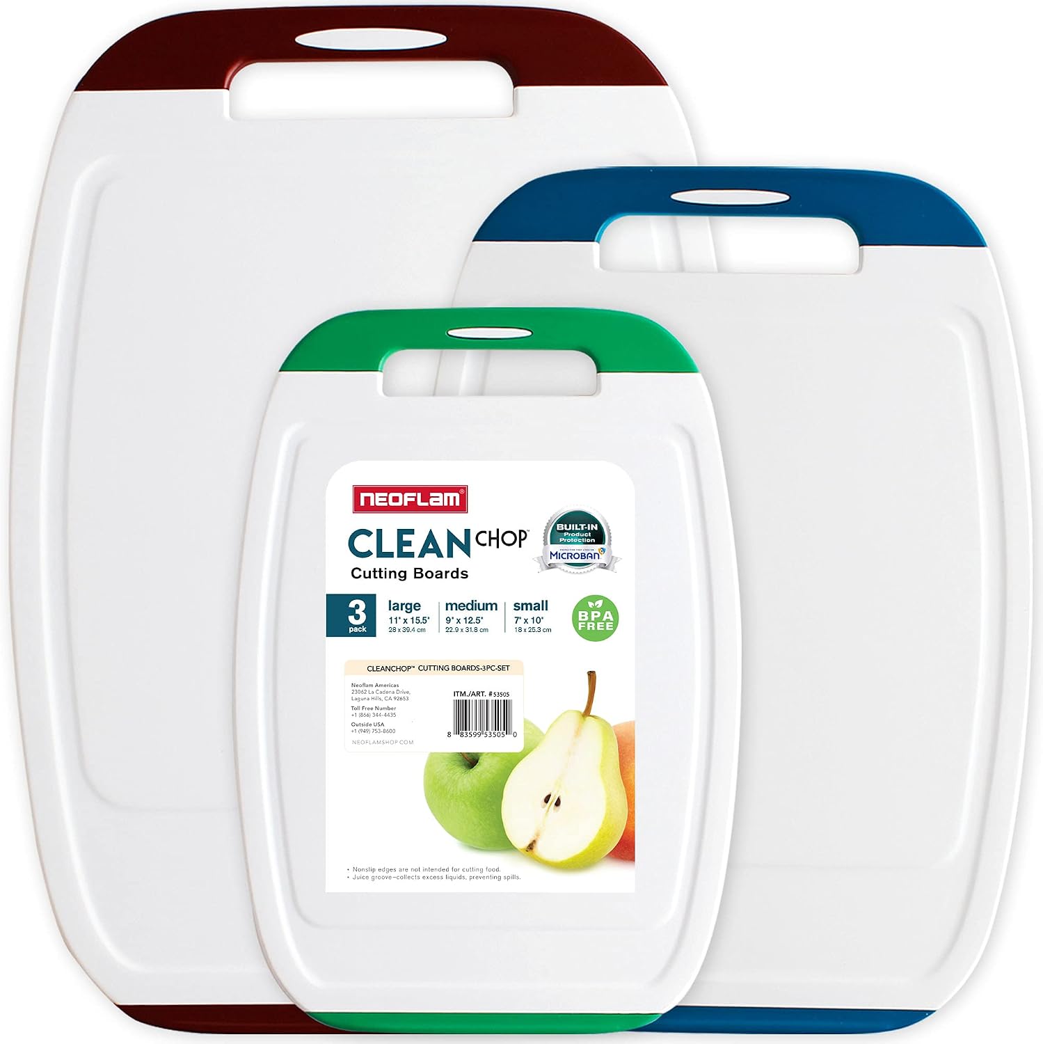 neoflam-microban-antimicrobial-plastic-cutting-board-set-3-multicolor-boards-01 A set of three multicolored Neoflam plastic cutting boards with non-slip handles and juice grooves, stacked on a kitchen coun