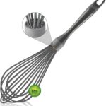 A gray OYV 12-inch silicone whisk with a comfortable handle, ideal for non-stick cookware.